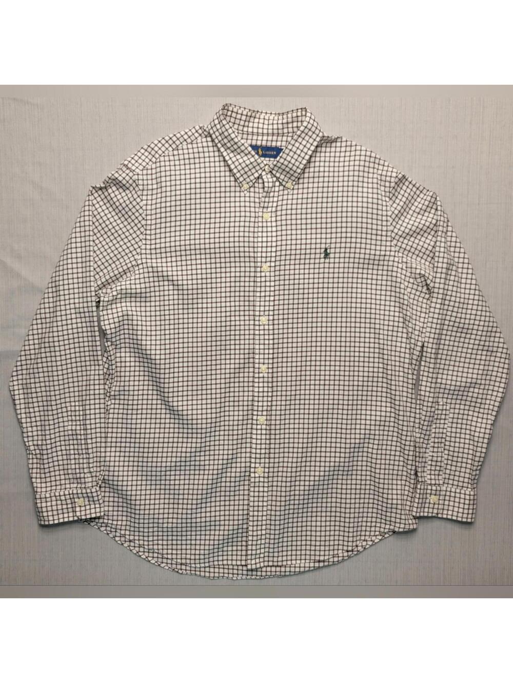 Ralph Lauren Button Down Shirt Mens XL White Brown Checkered Long Sleeve